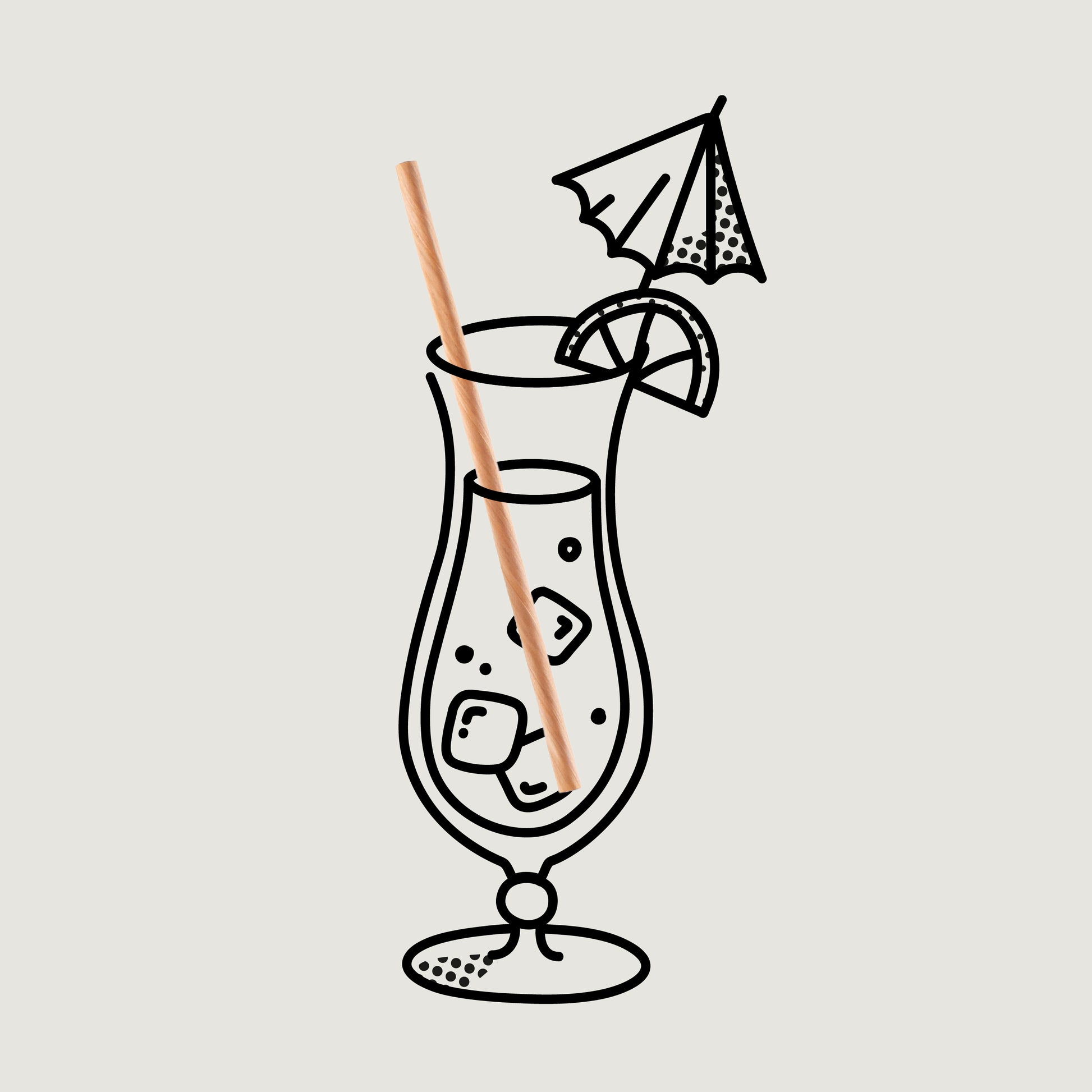#IAMPLASTICFREE Trinkhalm aus Kiefernholz mit einem gezeichneten Glas, Schirmchen und Orangenscheibe.