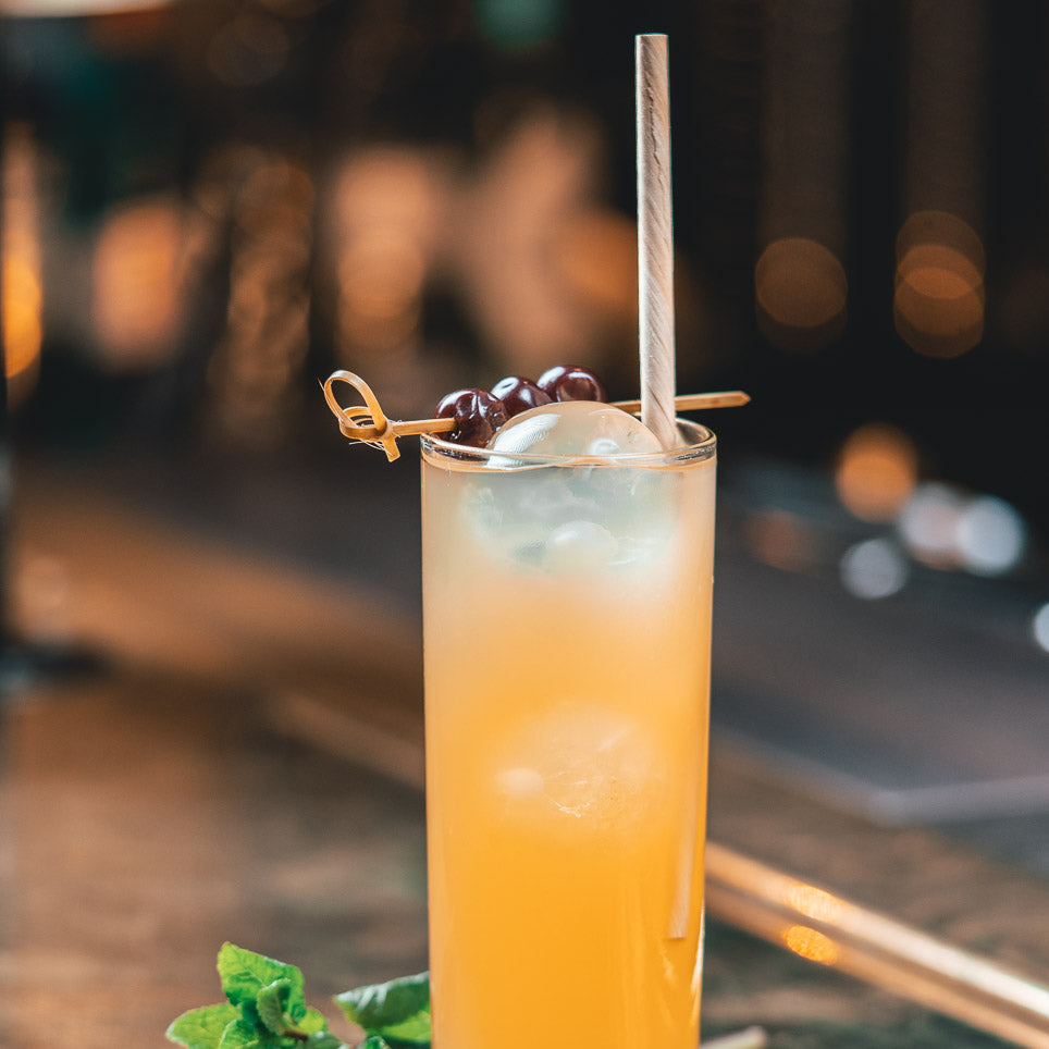 #IAMPLASTICFREE Trinkhalm Wood in Highball Glas mit orangem Cocktail, Eiswürfeln und Cocktailkirschen